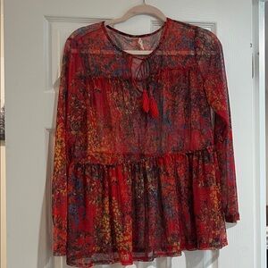 Elegant Red Floral Sheer Blouse
